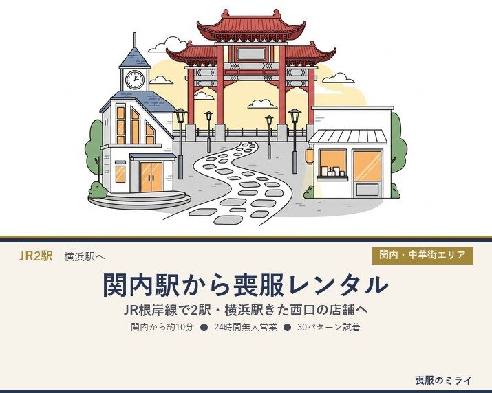 関内駅から喪服レンタル｜JR根岸線で2駅・横浜駅きた西口の24時間店舗